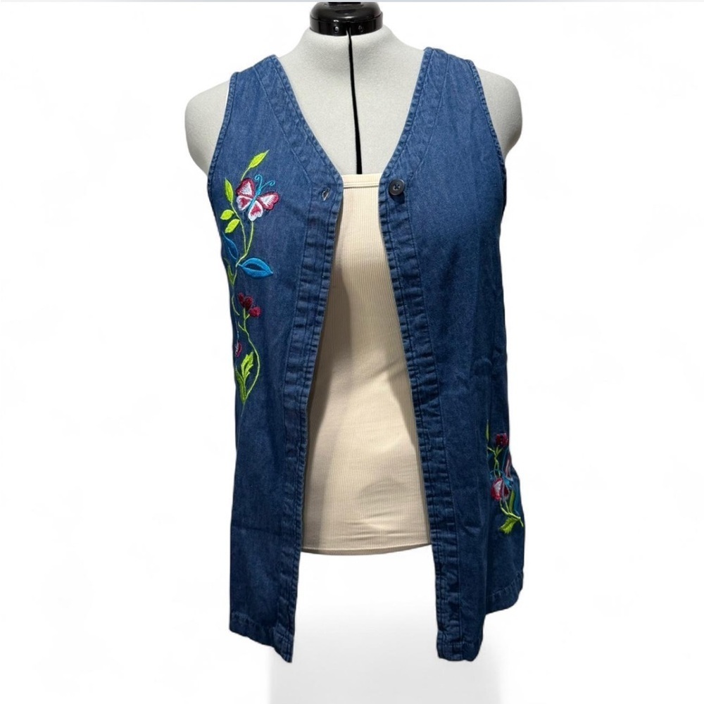 Vintage Blair Denim Tunic Top Floral Embroidered Butterflies 90s Art Teacher - Picture 2 of 12